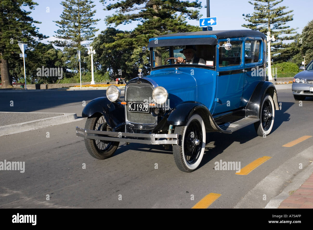 Classic vintage blue Ford tourer motor car Art Deco weekend Napier North Island New Zealand Stock Photo
