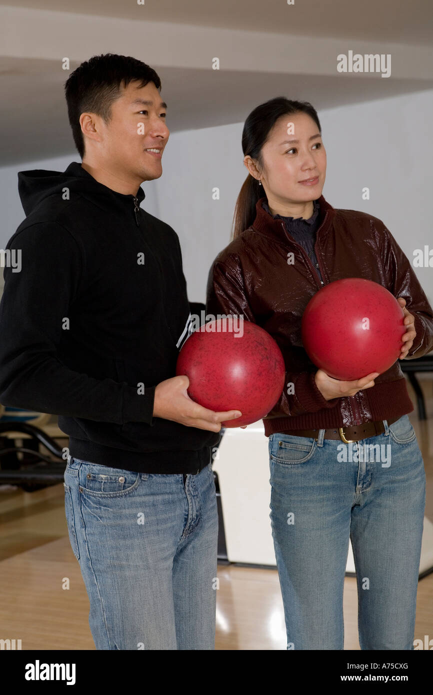 Couple bowling Stock Photo