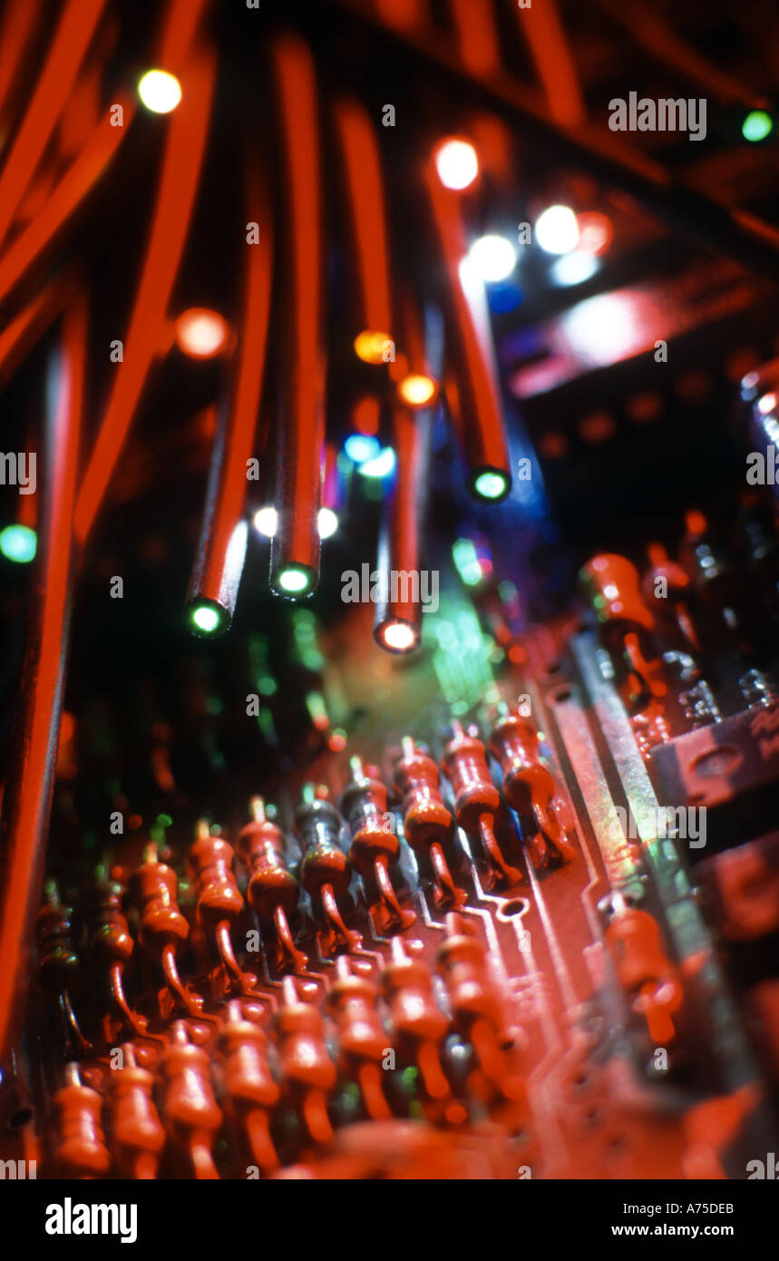 Fibre optics and computer circuit board Stock Photo