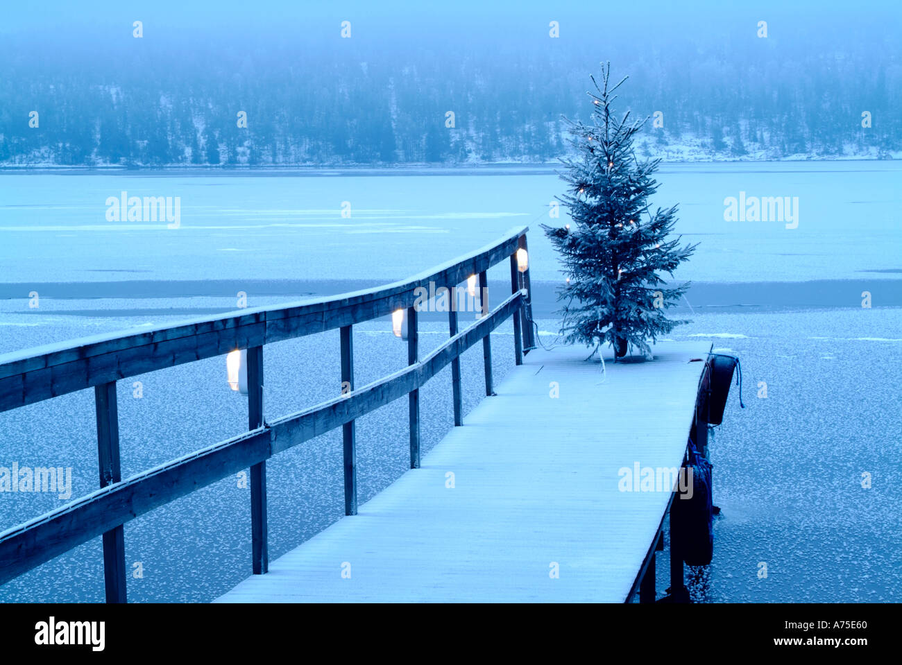 Christmas Tree with lights on a dock in lake Fryken Varmland Sweden