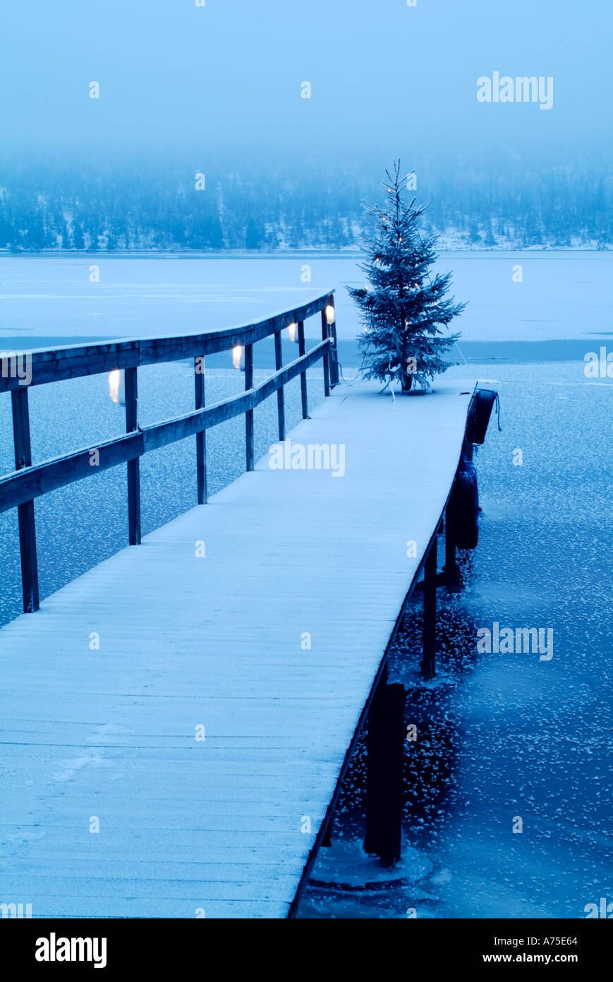 Christmas Tree with lights on a dock in lake Fryken Varmland Sweden