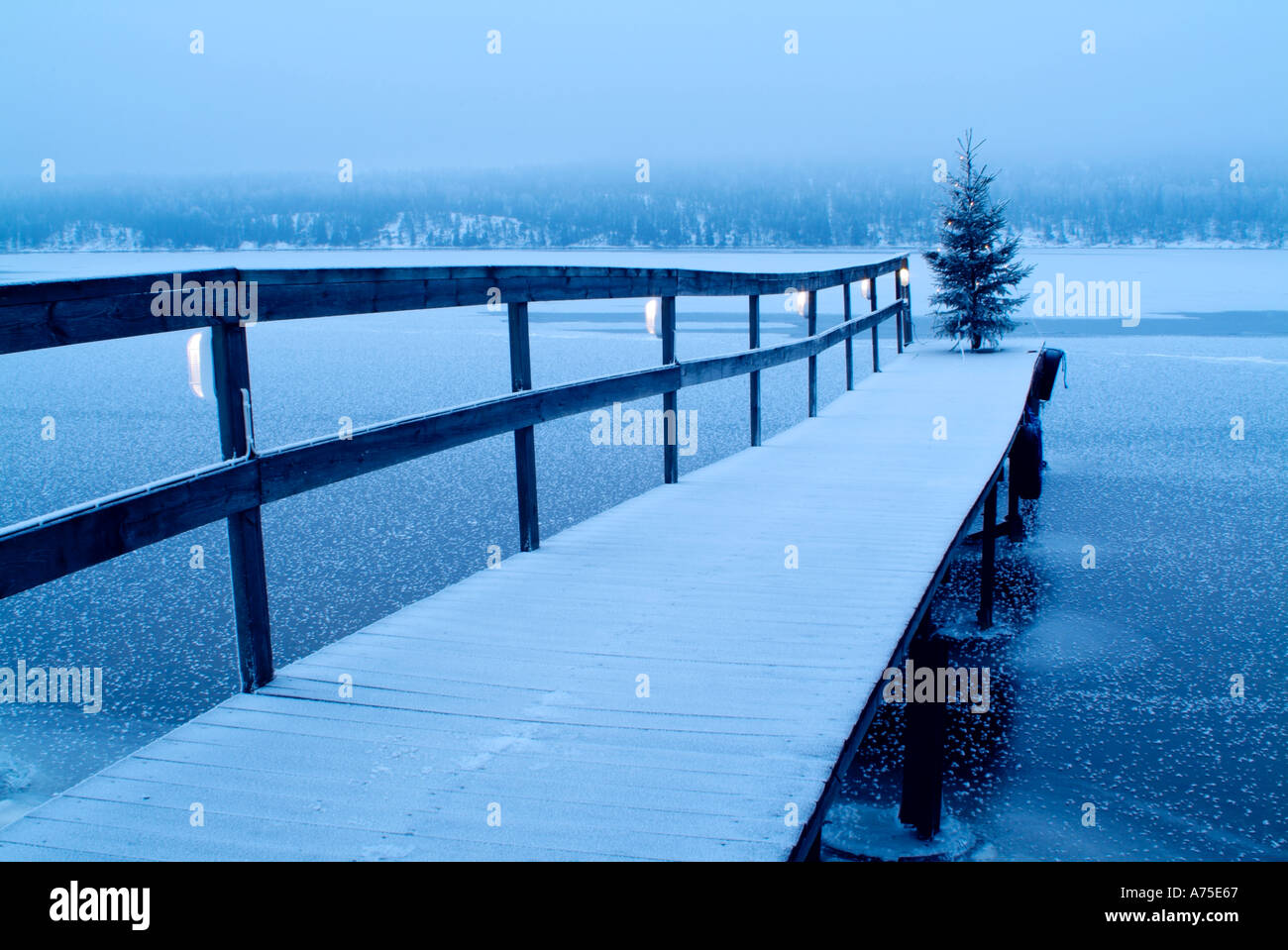 Christmas Tree with lights on a dock in lake Fryken Varmland Sweden
