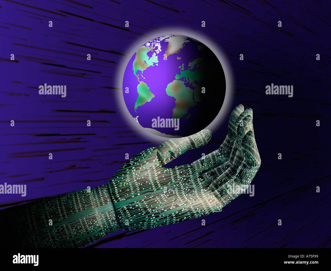 Digital hand, globe, communication and knowledge Stock Photo