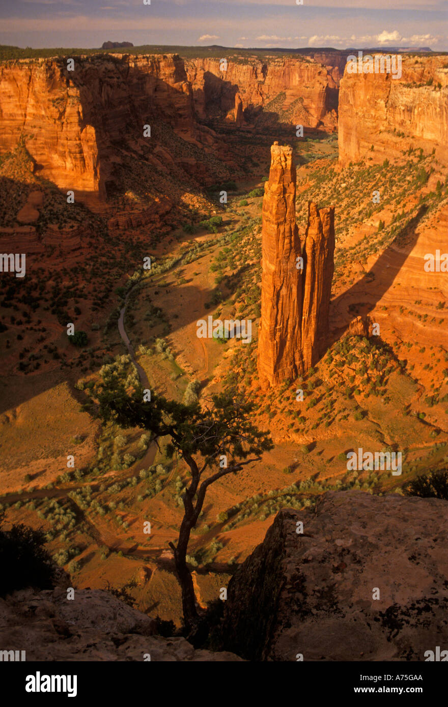 Spider Rock, red sandstone pinnacle, Canyon de Chelly National Monument, Canyon de Chelly, national monument, near Chinle, Arizona Stock Photo