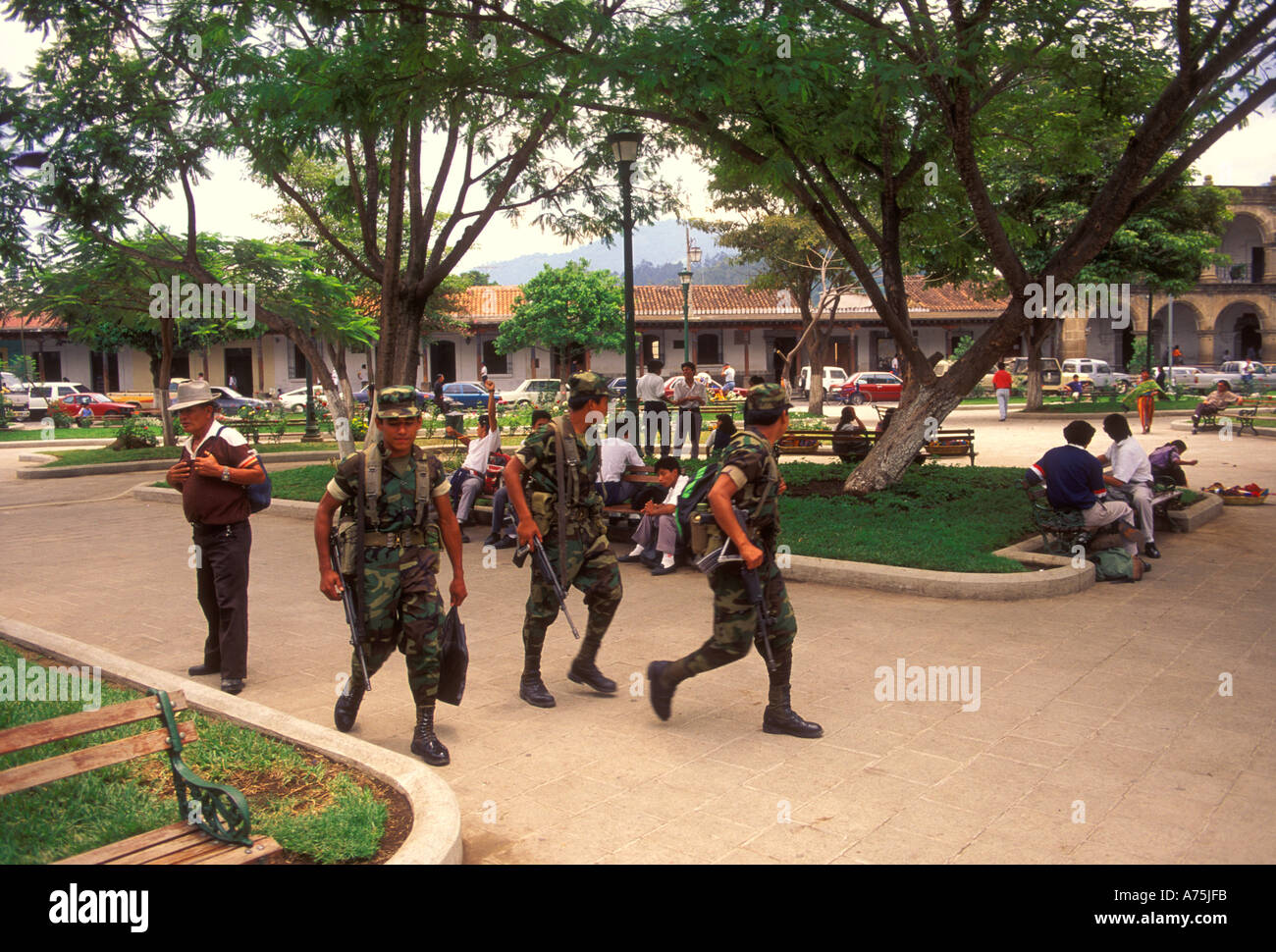 Guatemalans, Guatemalan soldiers, Guatemalan military, Plaza Mayor, Antigua, Sacatepequez Department, Guatemala, Central America Stock Photo