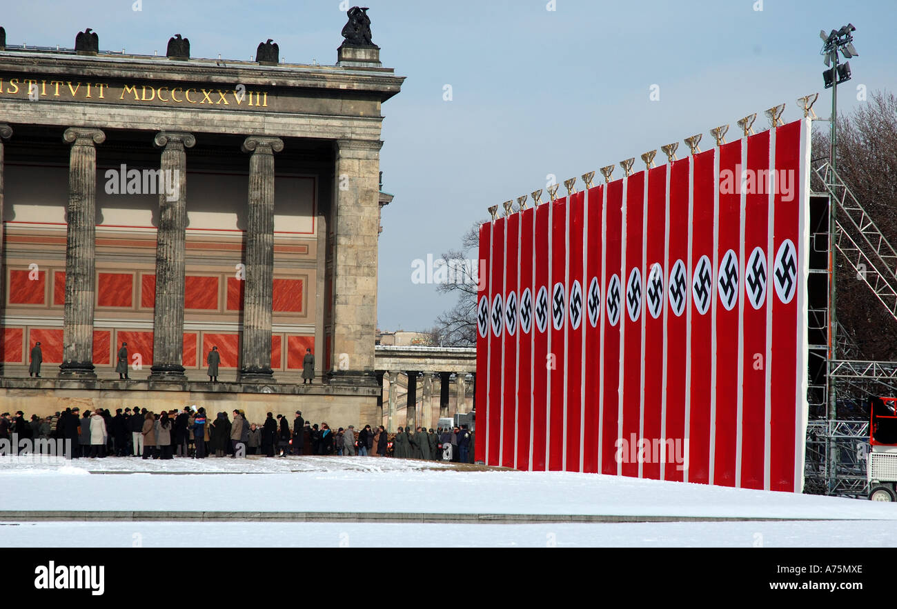 Large Nazi swastika banners erected outside Altes Museum in Lustgarten park, central Berlin Stock Photo