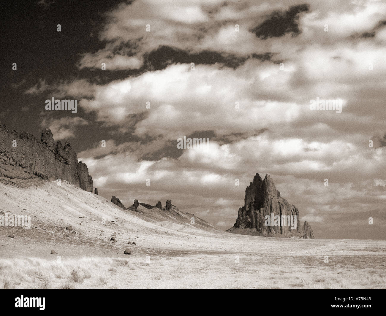 Shiprock Pinnacle New Mexico USA in B&W Infrared Stock Photo