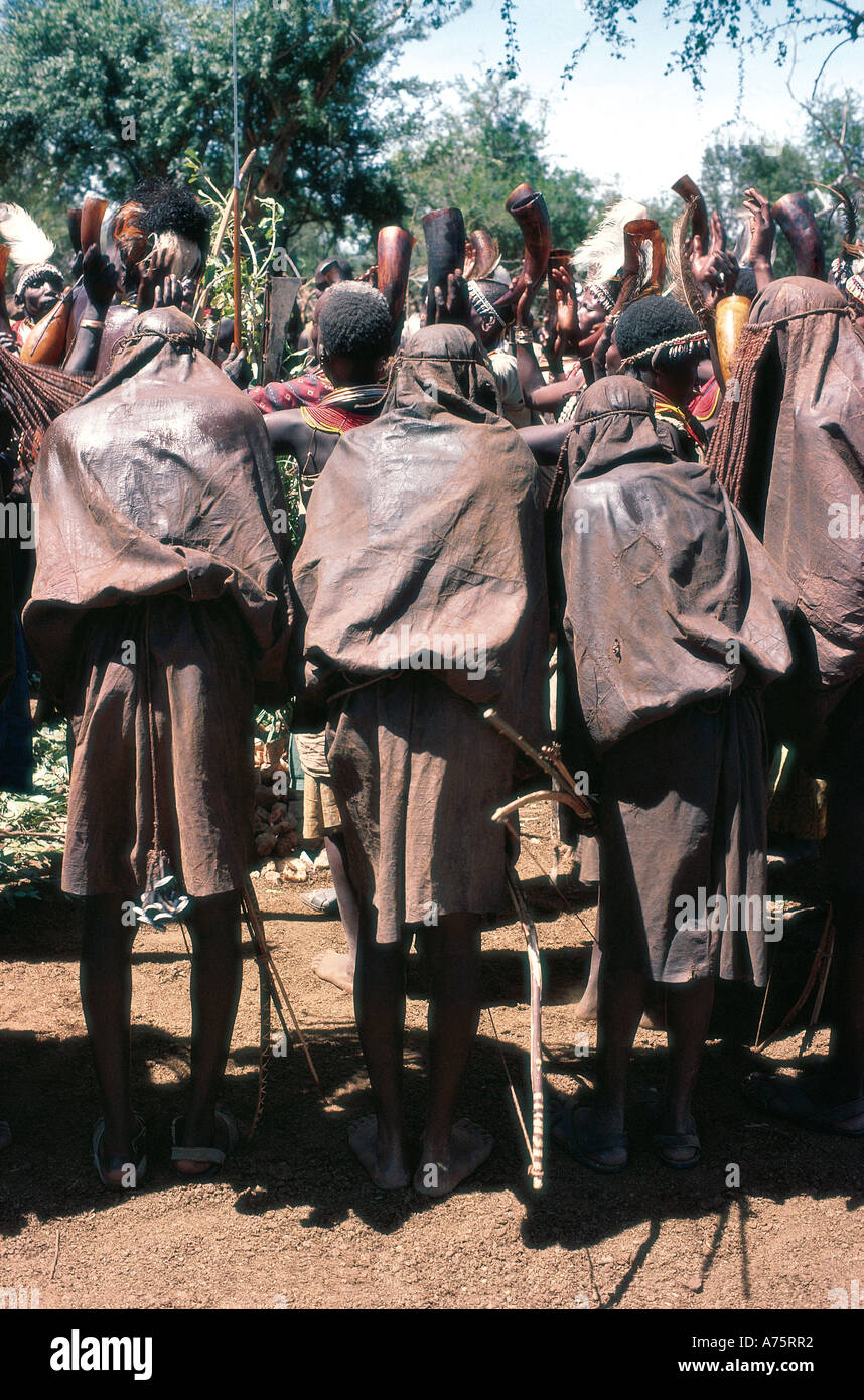 Young men who have been circumcised taking part in a ceremony Near Kuchelebi northern Kenya East Africa Stock Photo