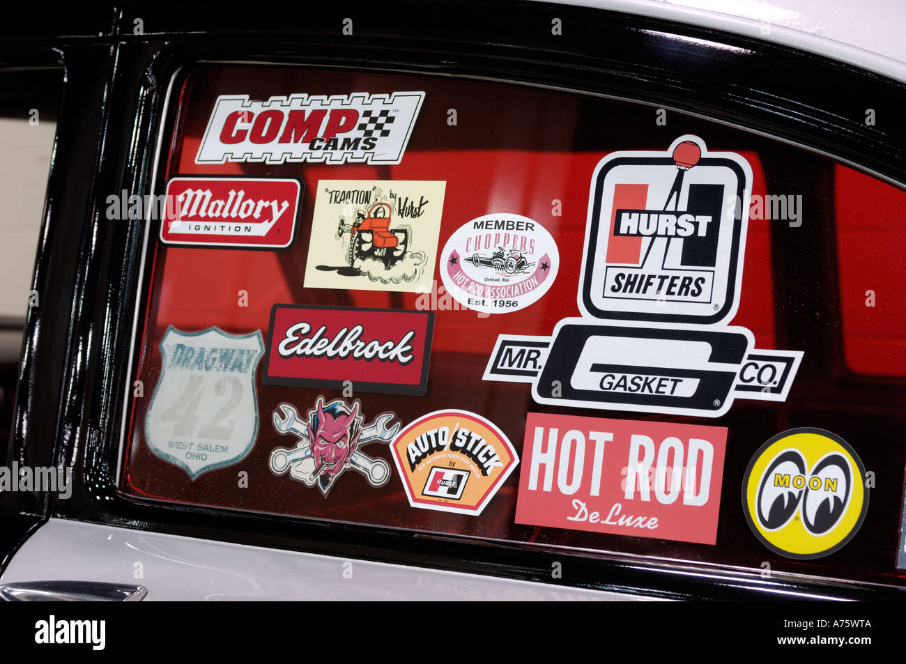 Rear window with decals on a 1957 Ford Custom hot rod at the 2006 Detroit Autorama Stock Photo