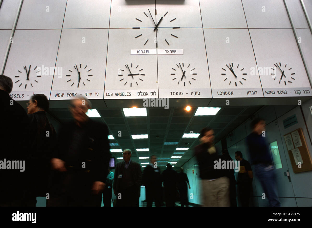 Different time zones placed at the trading floor of the Israel Diamond