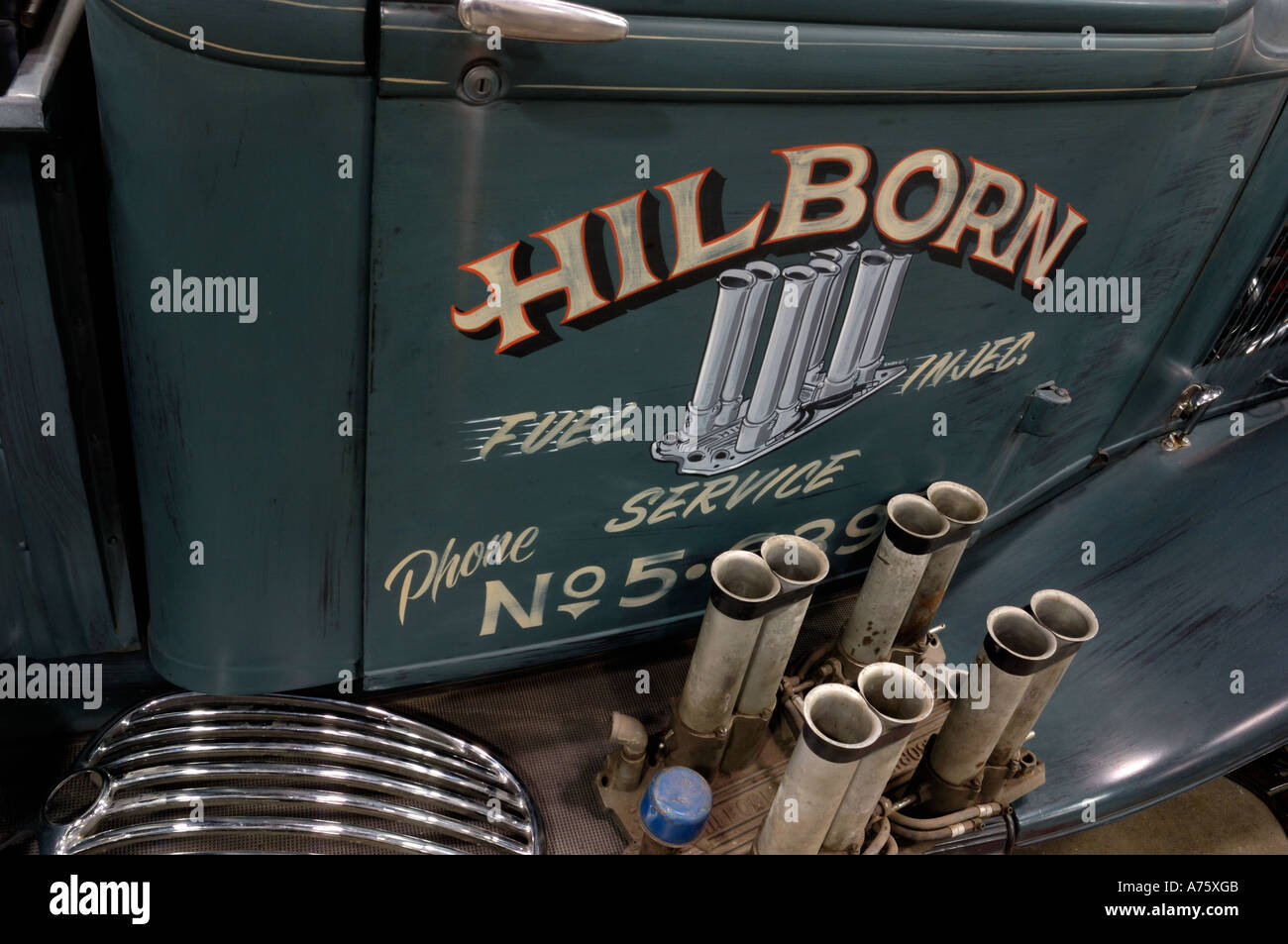 1932 Ford pickup truck with Hillborn fuel injection artwork and Hillborn fuel injectors on running boards Stock Photo