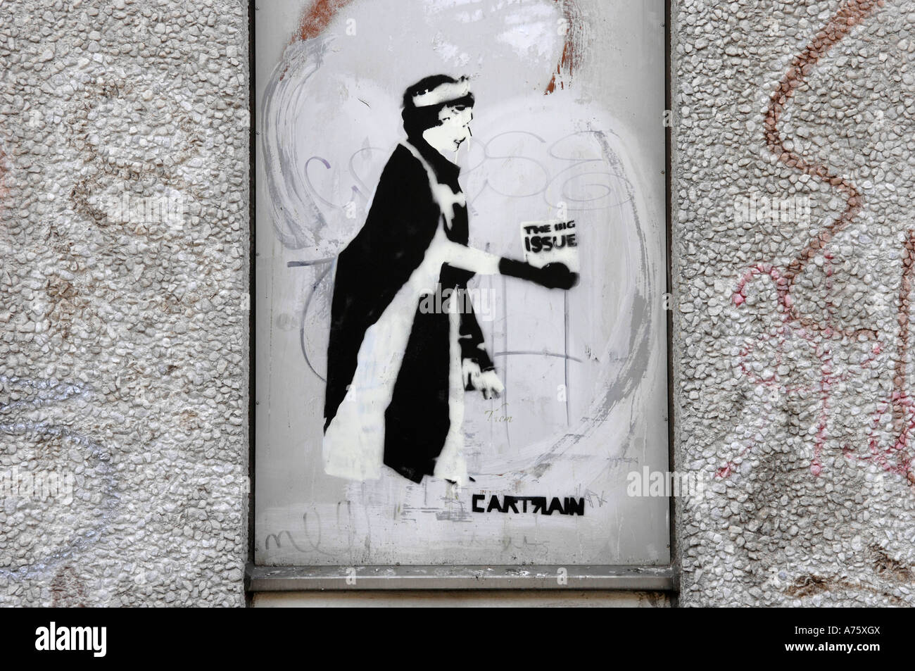 Cartrain Queen Selling Big Issue Graffiti Art Banksy Style Stock Photo