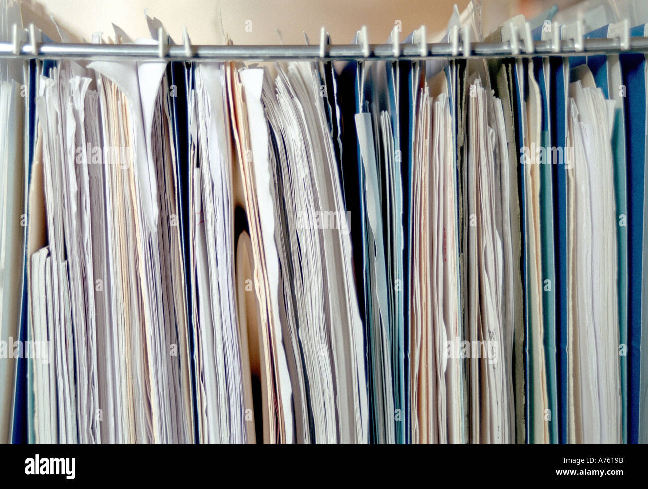 Close up of hanging files in file cabinet  Stock Photo