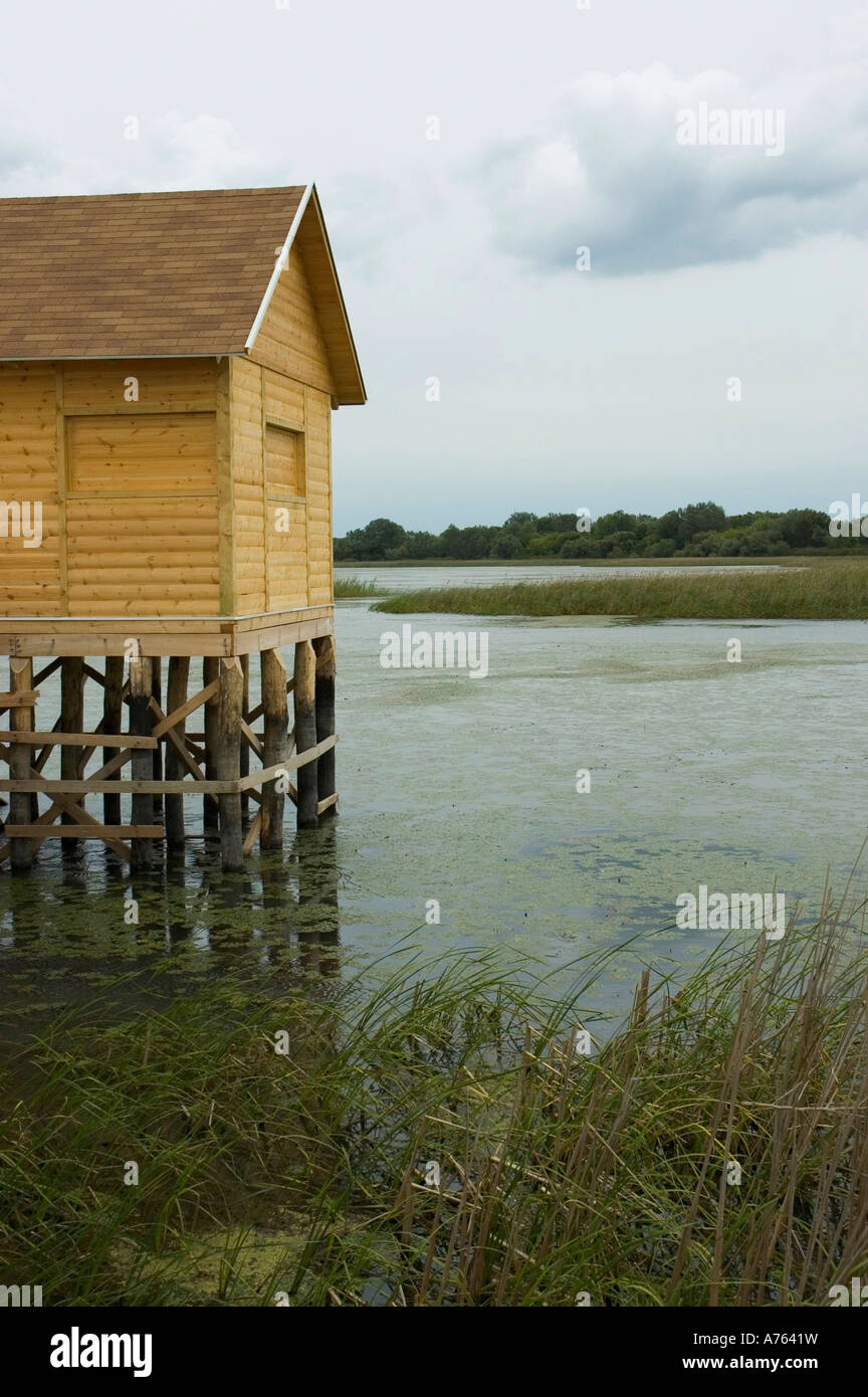 Bird watching hut in Tisza Lake Great Hungarian Plain Hungary Stock