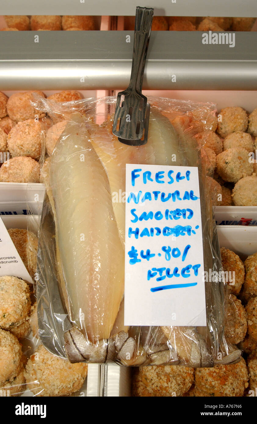 smoked haddock fillets on sale at a local farmers market Stock Photo