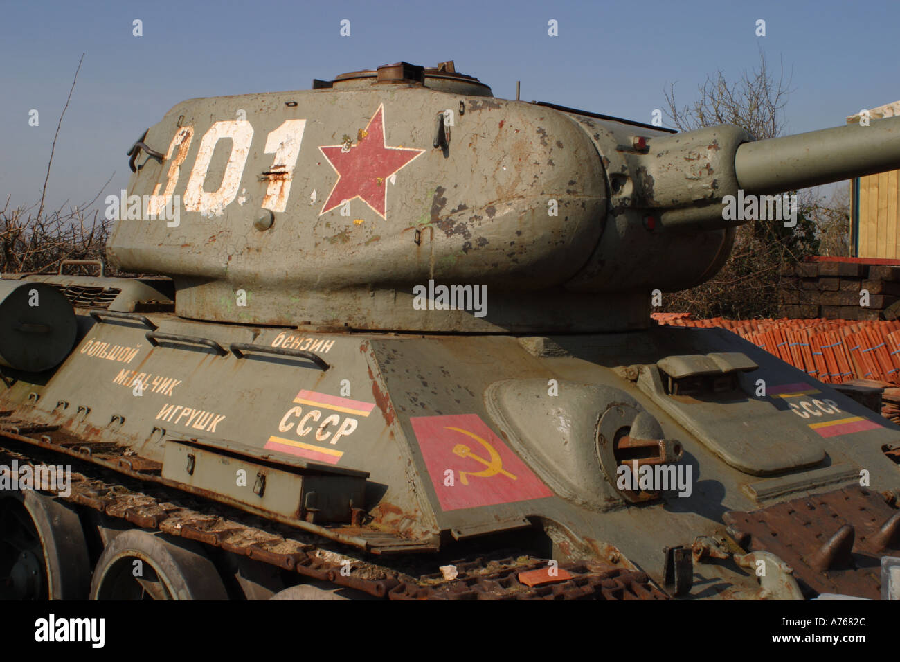 Former Soviet T 34 tank for sale in a salvage yard in Somerset England UK Stock Photo