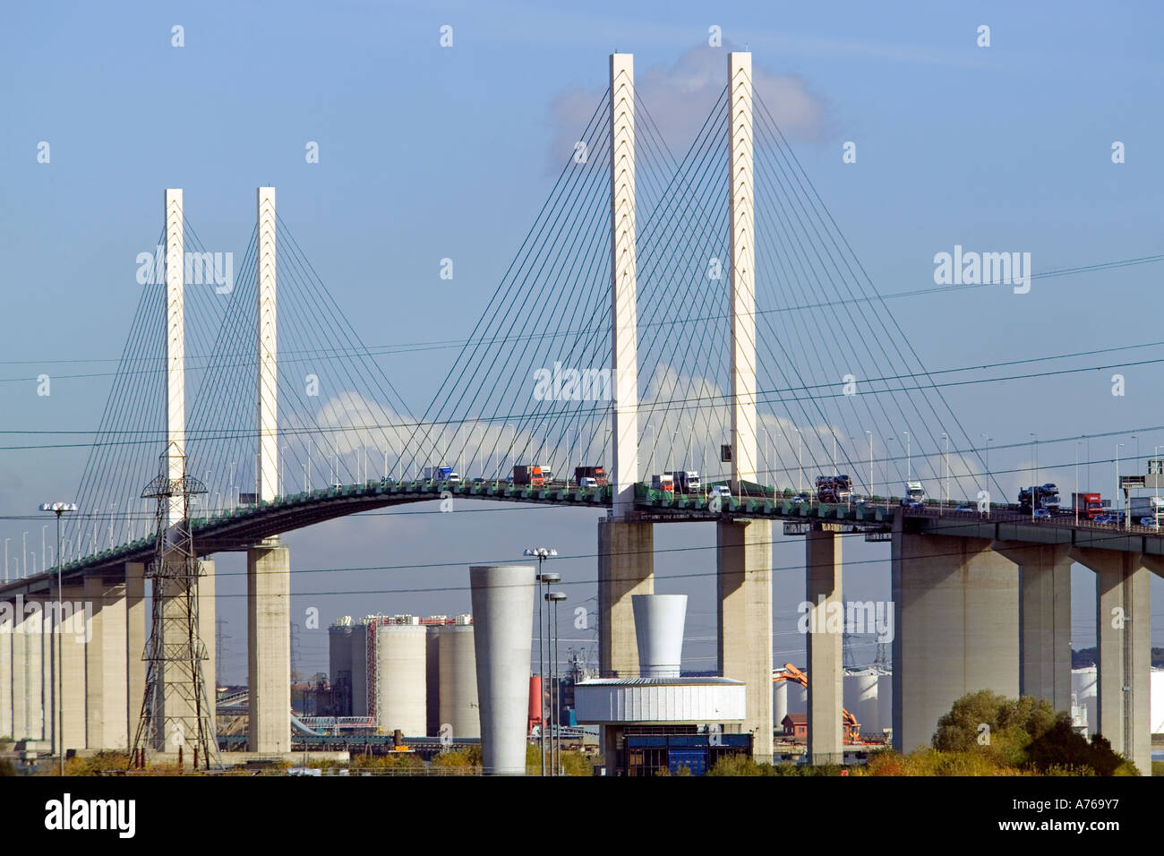 A compressed perspective view of traffic on the QE2 bridge on a sunny day. Stock Photo