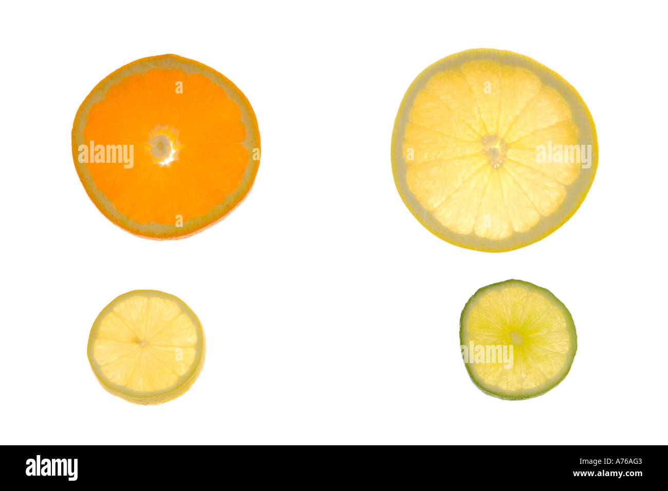 Four different citrus fruit slices, orange, grapefruit, lemon and lime on a pure white background. Stock Photo