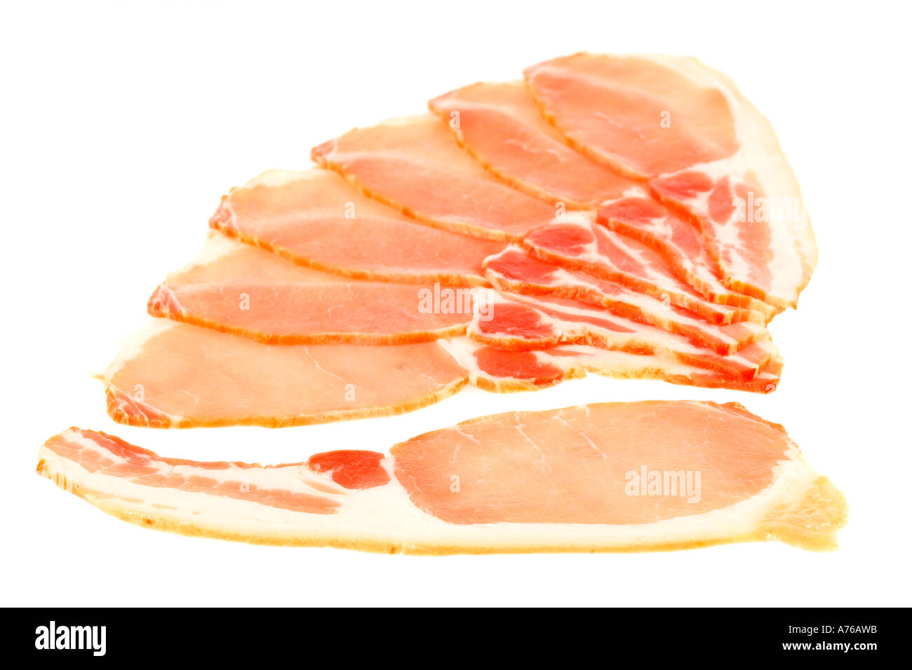 Rashers of uncooked back bacon on a pure white background. Stock Photo