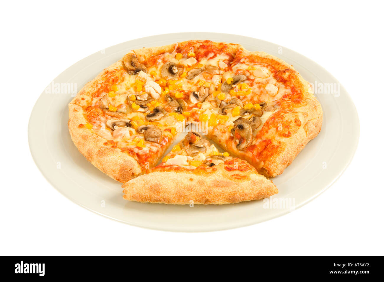 Whole pizza with a slice cut out on a pure white background Stock Photo ...