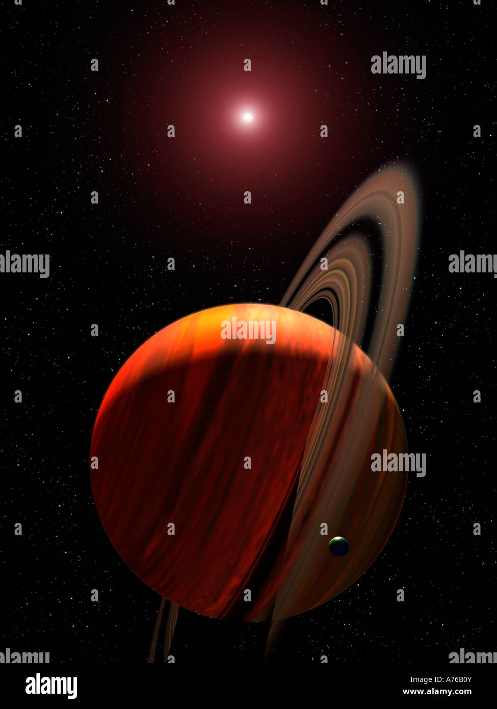 An artist's concept of a gas giant planet orbiting a red dwarf K star. Stock Photo