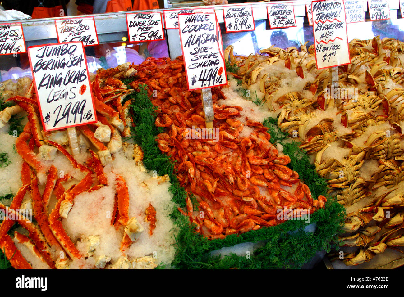 Seafood including shrimp crab legs and crabs at the fish market at Pike