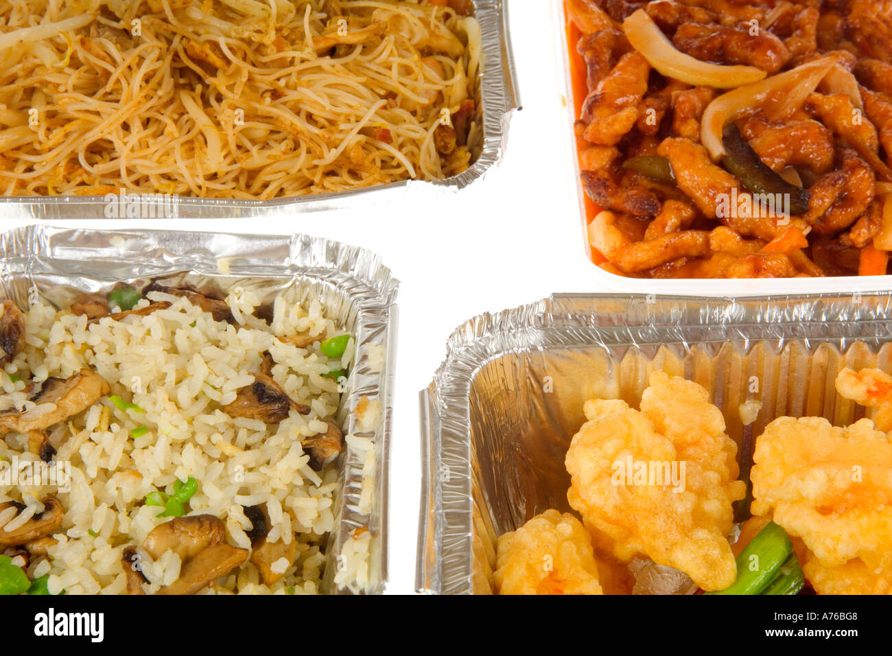 Chinese takeaway containers of freshly prepared food on a pure white background Stock Photo Alamy