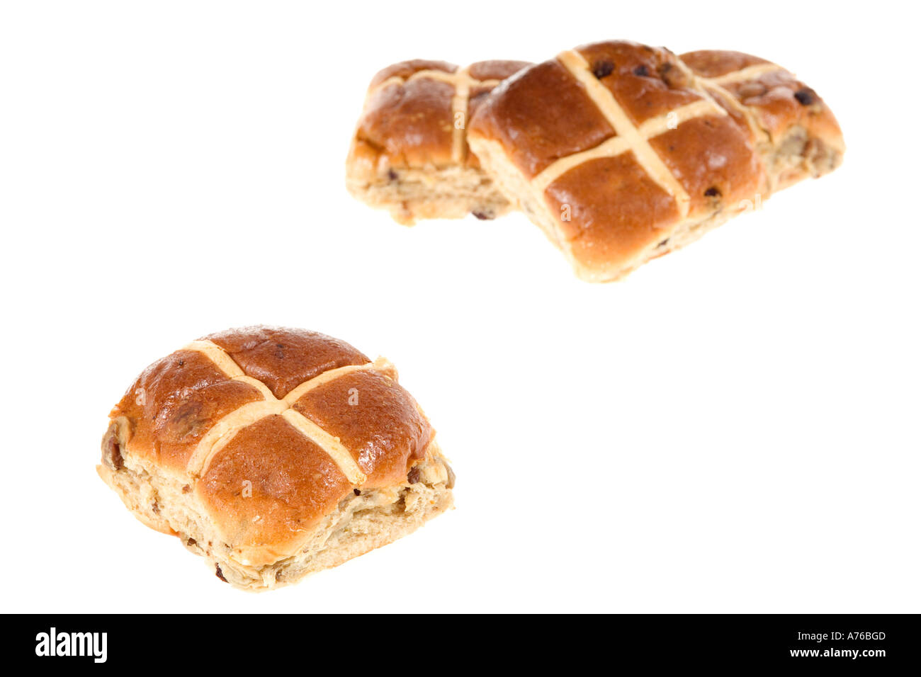 Hot cross buns on a pure white background. Stock Photo