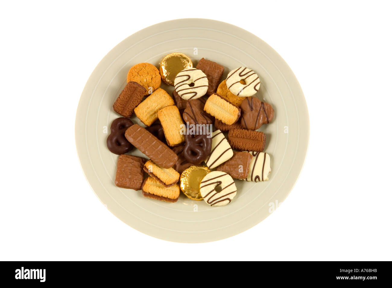 Several varieties of chocolate biscuits on a plate against a pure white