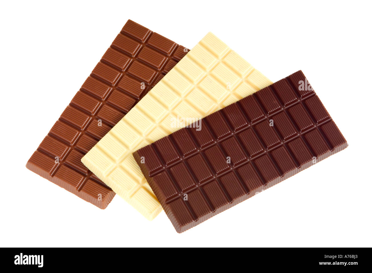 Plain, white and milk chocolate bars on a pure white background Stock