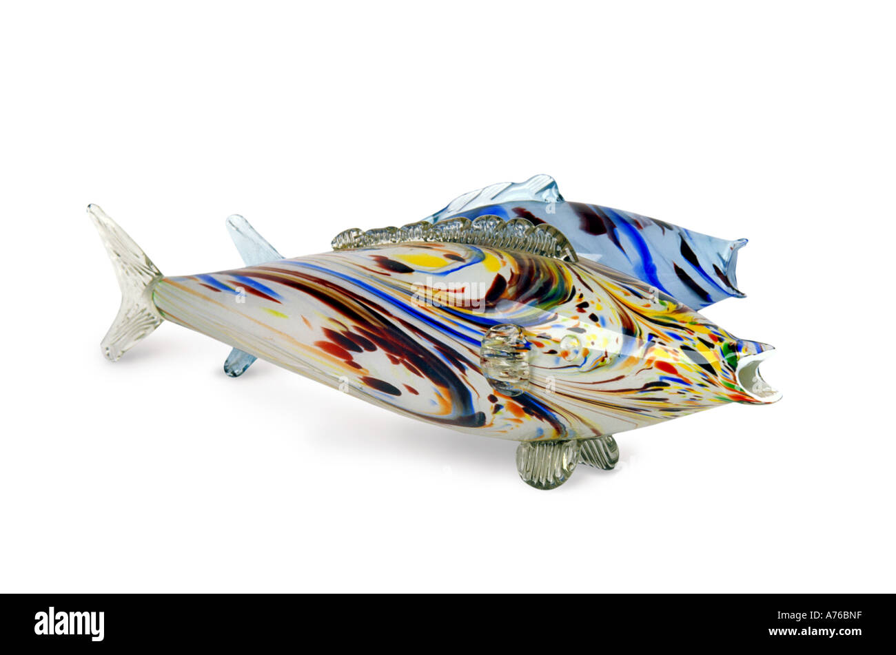Multicoloured kitsch murano glass fish on a pure white background. Stock Photo