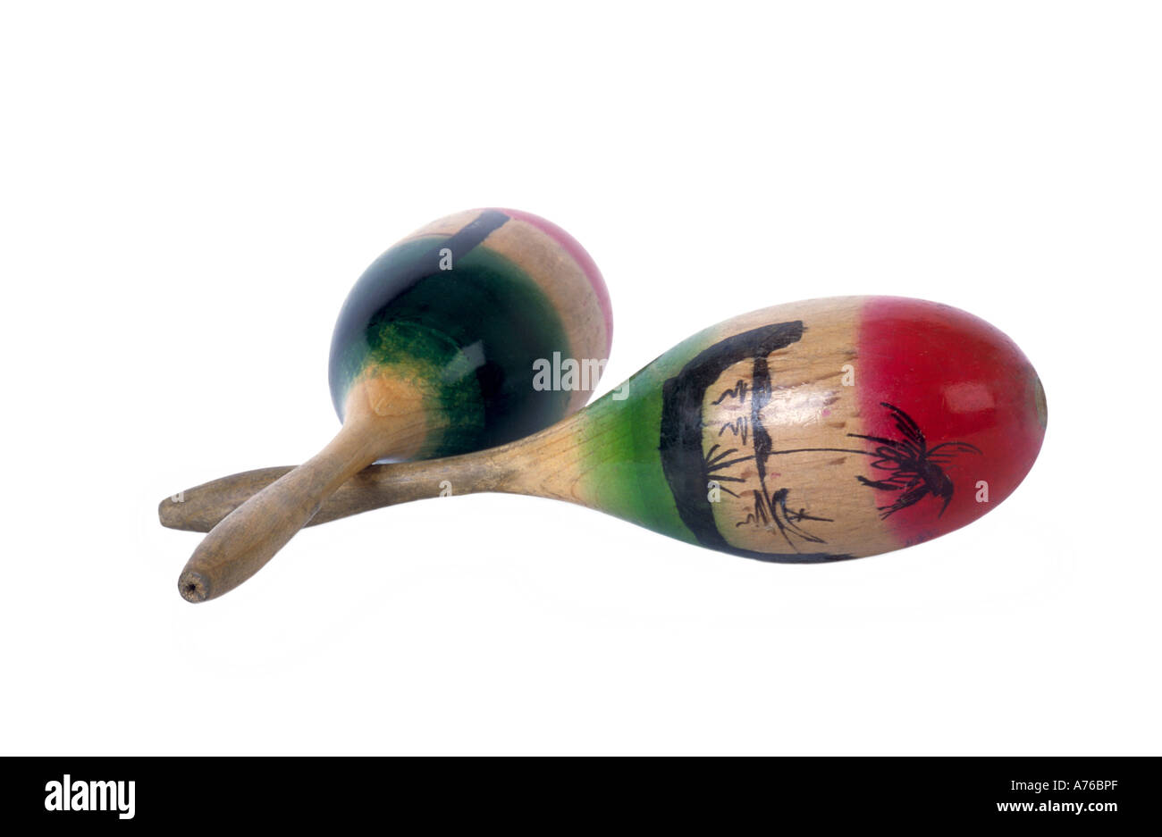 A pair of decorative wooden maracas or rhumba shakers on a pure white background. Stock Photo