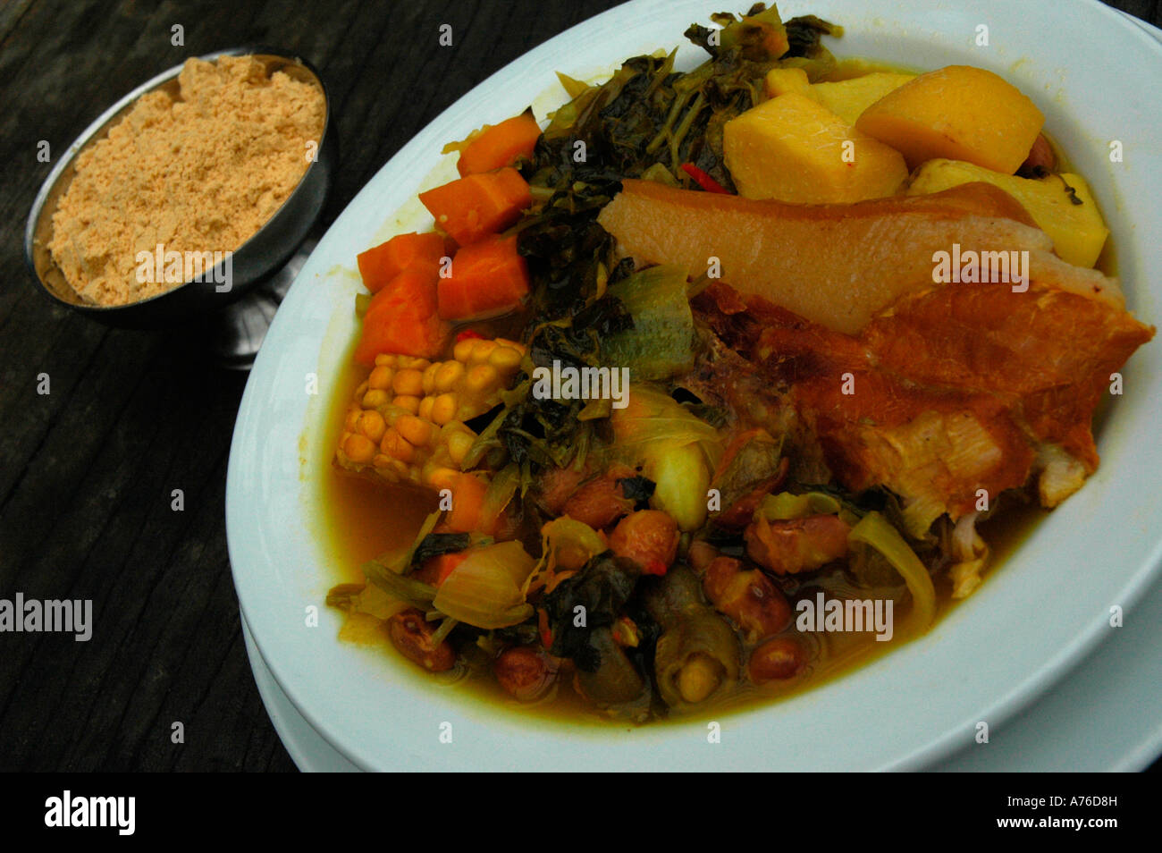 Canary vegetable stew with gofio Restaurant Tagoror in Guayadeque area GRAN CANARIA Canary Islands Spain Stock Photo