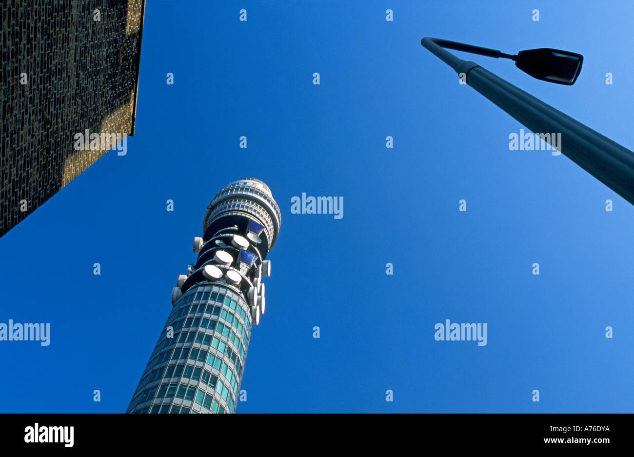 Abstract view of the BT Post Office Tower from Conway street against a blue sky. Stock Photo