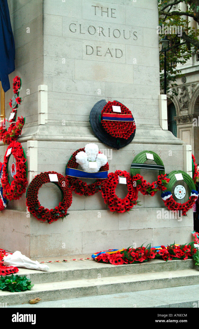 Poppy wreaths on the Cenotaph on Remembrance Day 2006 in London Stock ...