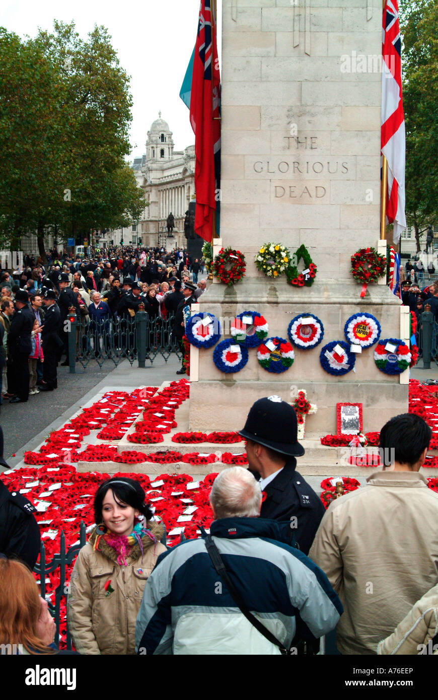 The Cenotaph with military flags on Remembrance Day 2006 in London ...