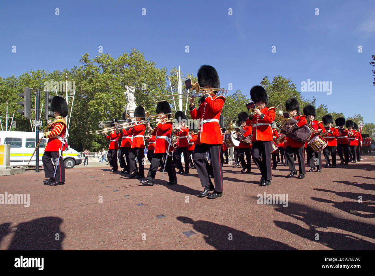 Wide angle view of the rows of Coldstream Guards band in formation playing instruments at the Changing of the Guard ceremony in Stock Photo