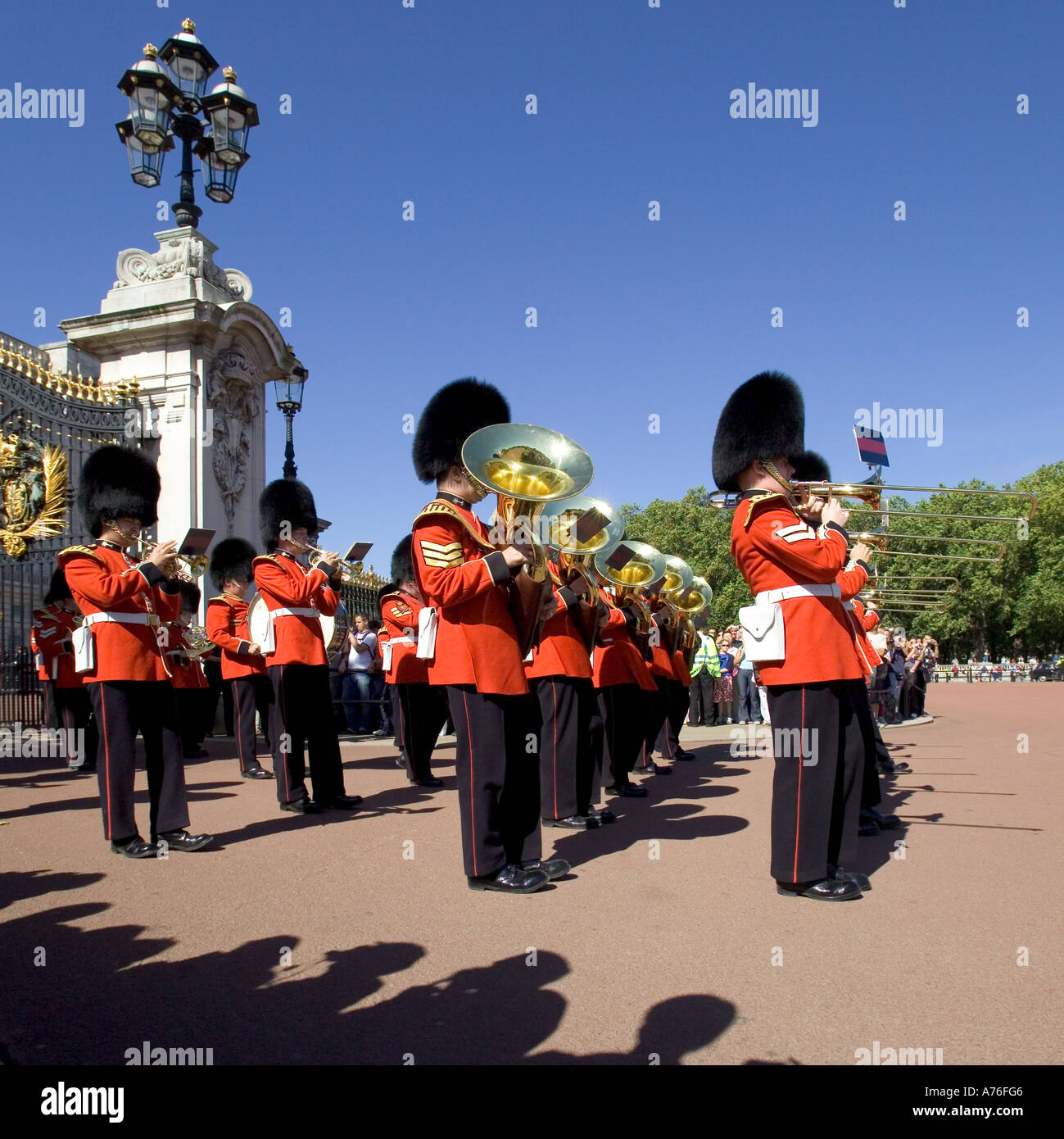 Wide angle view of the rows of Coldstream Guards band in formation at the Changing of the Guard ceremony in London. Stock Photo