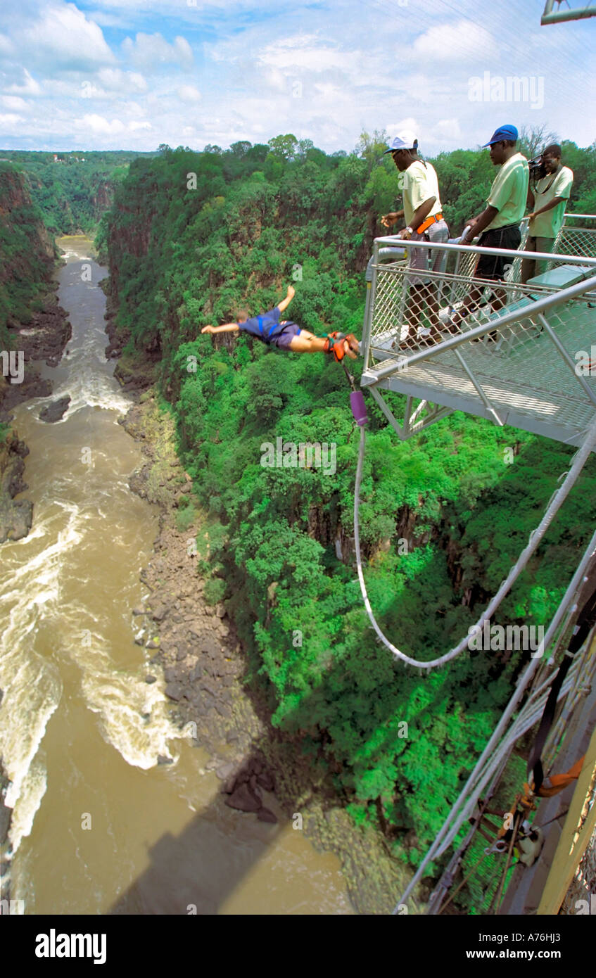 Bungee jumping from the railway bridge on the border between Botswana