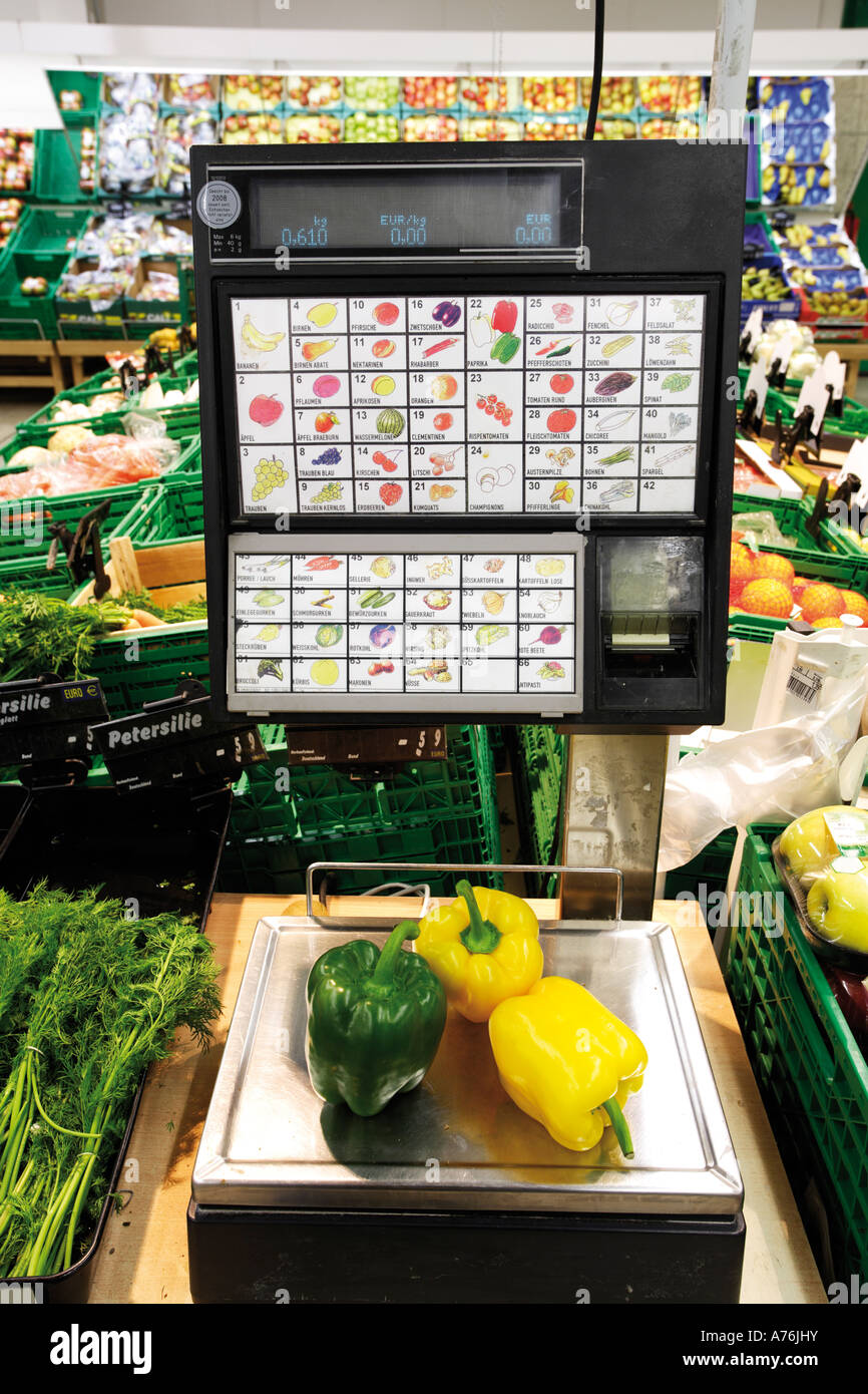 Germany, bell pepper on supermarket scale, closeup, elevated view