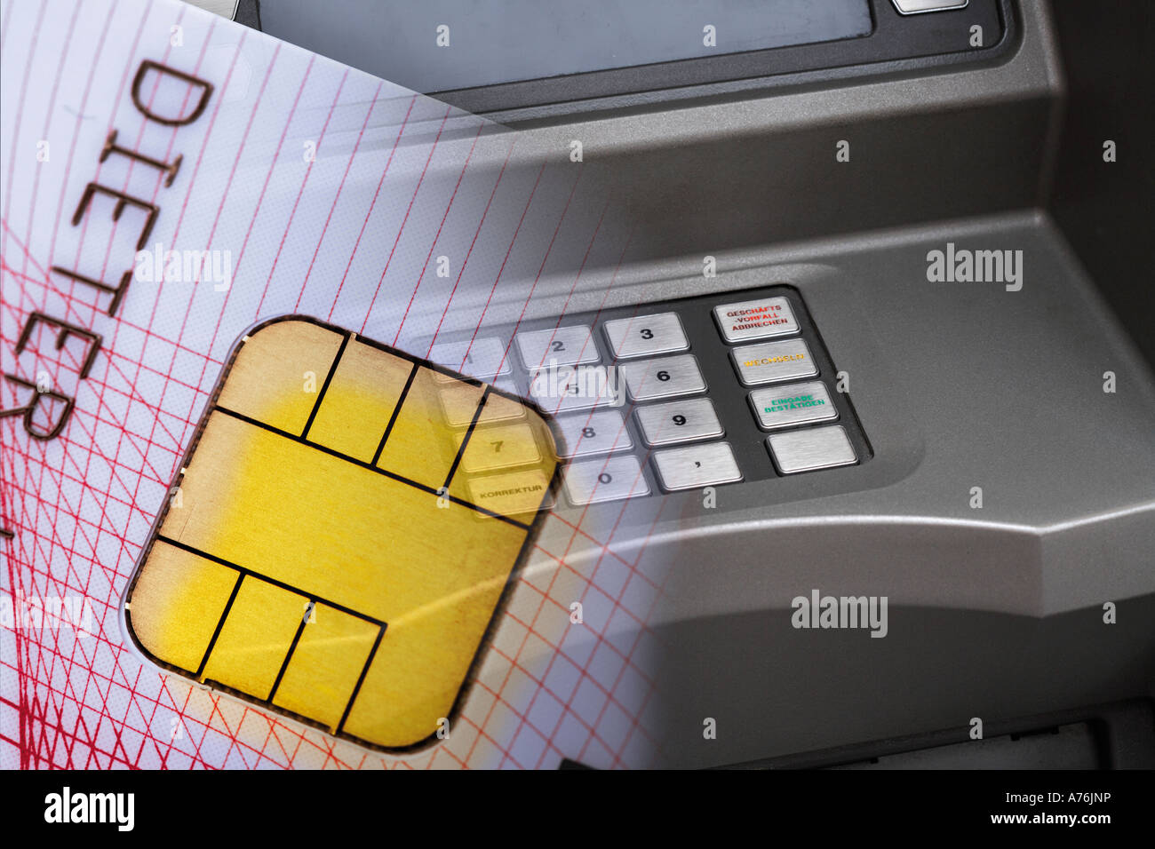 Credit card in front of cash terminal, close-up Stock Photo