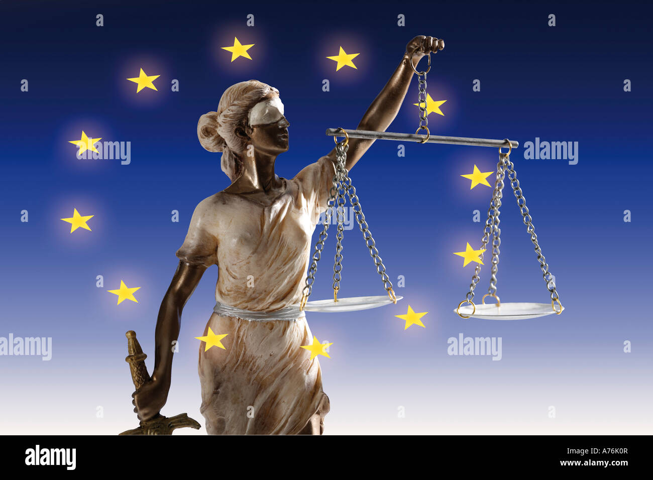 Justitia figurine in european flag, close-up Stock Photo