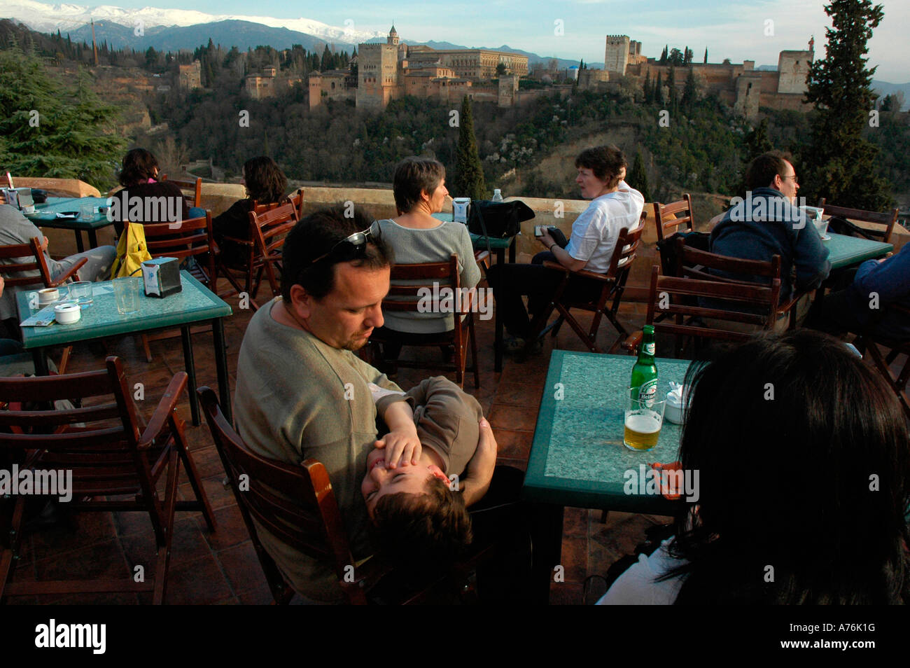 Alhambra Palace view from restaurant El Huerto de Juan Ranas in the Albaicin Quarter GRANADA Andalusia Region Spain Stock Photo