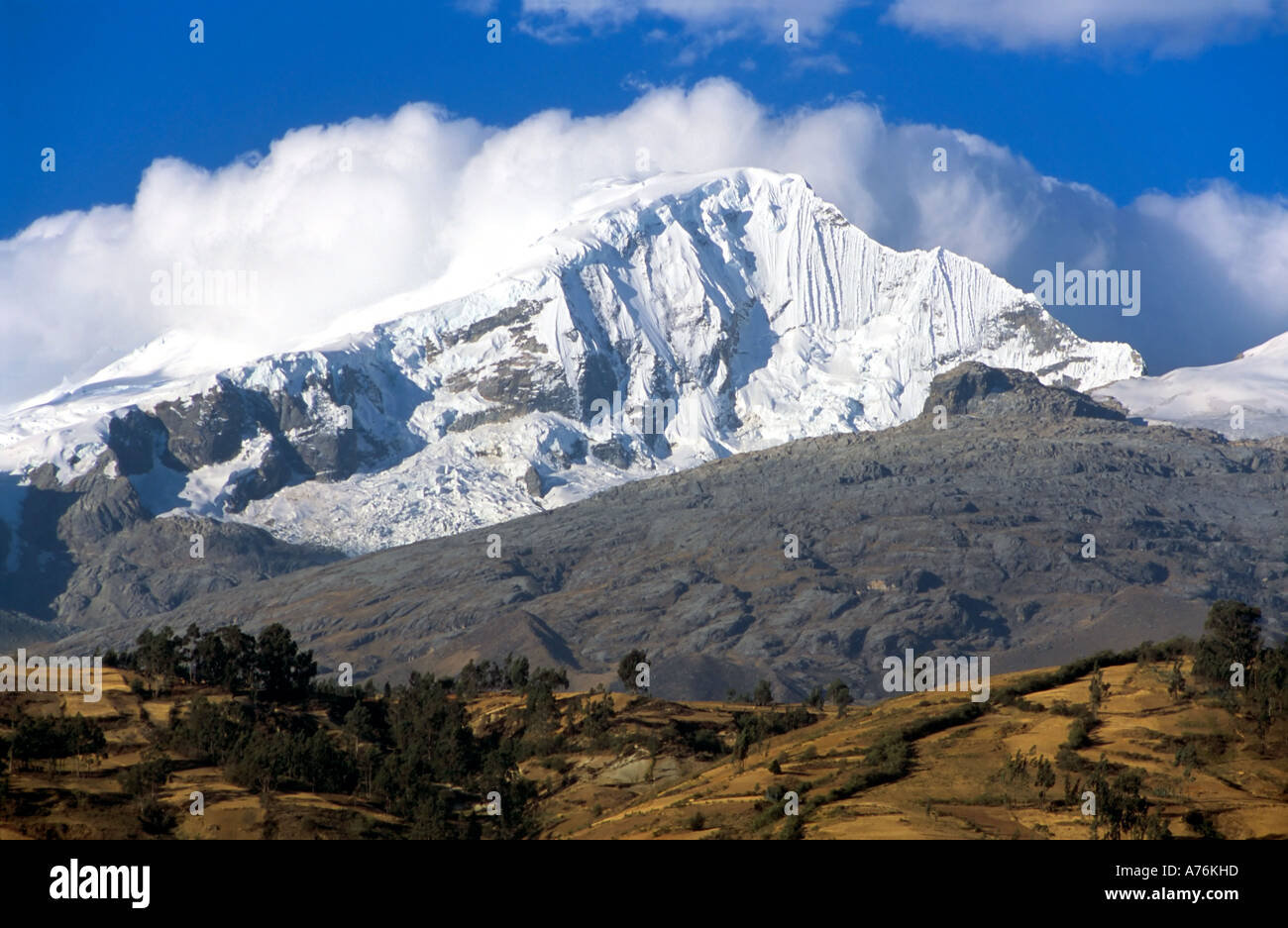Snow capped peaks of the Andes mountain range near Huaraz in Peru Stock
