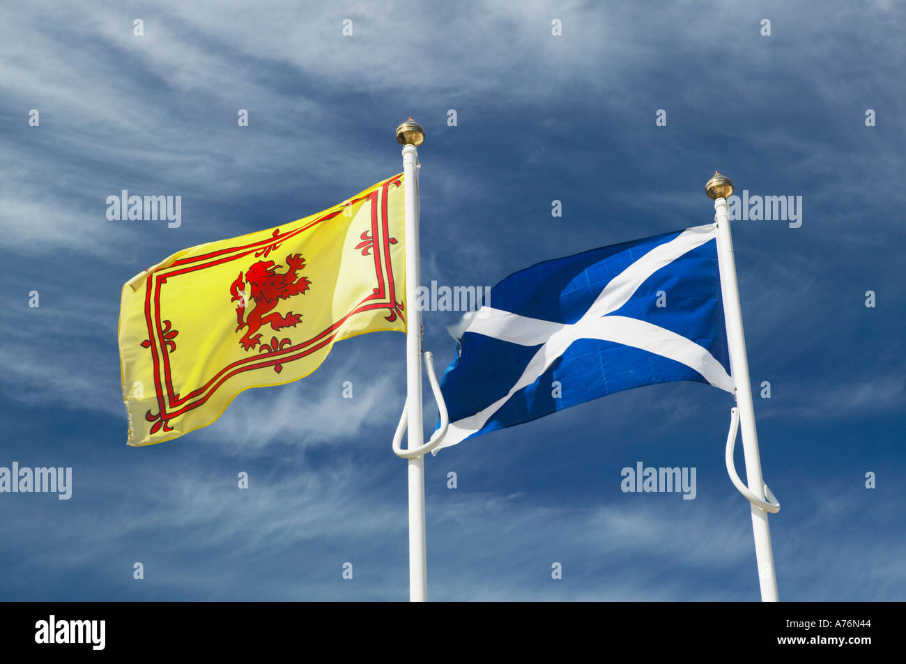 Scotland. The St Andrews Flag, the National flag of Scotland and the Scottish Royal Banner with the Red Lion Rampant Stock Photo
