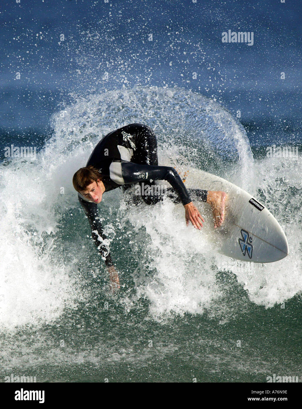 Surfing at St Clair Beach Dunedin New Zealand April 2004 Stock Photo