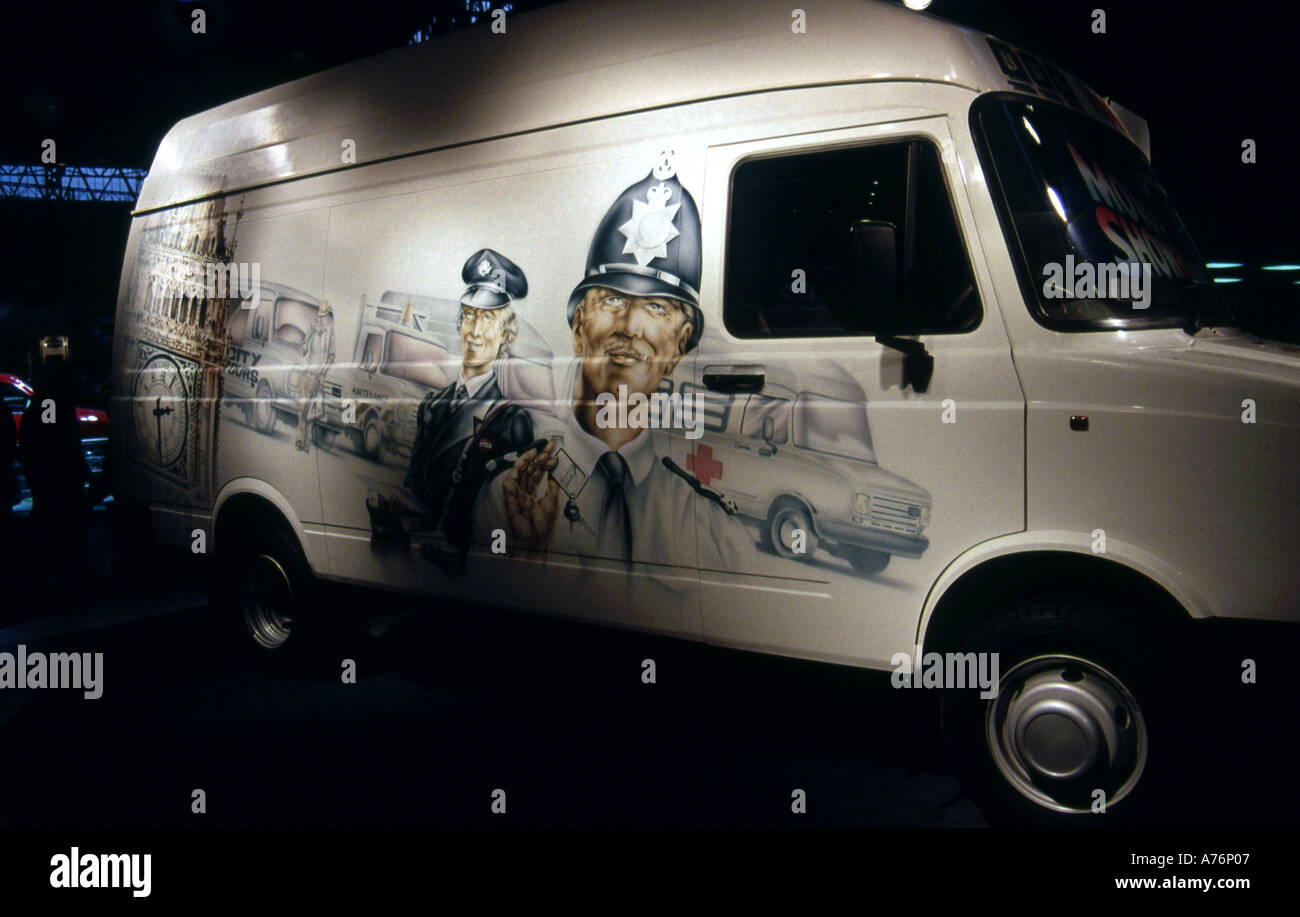 White van painted with airbrush to depict scenes of British police Stock Photo