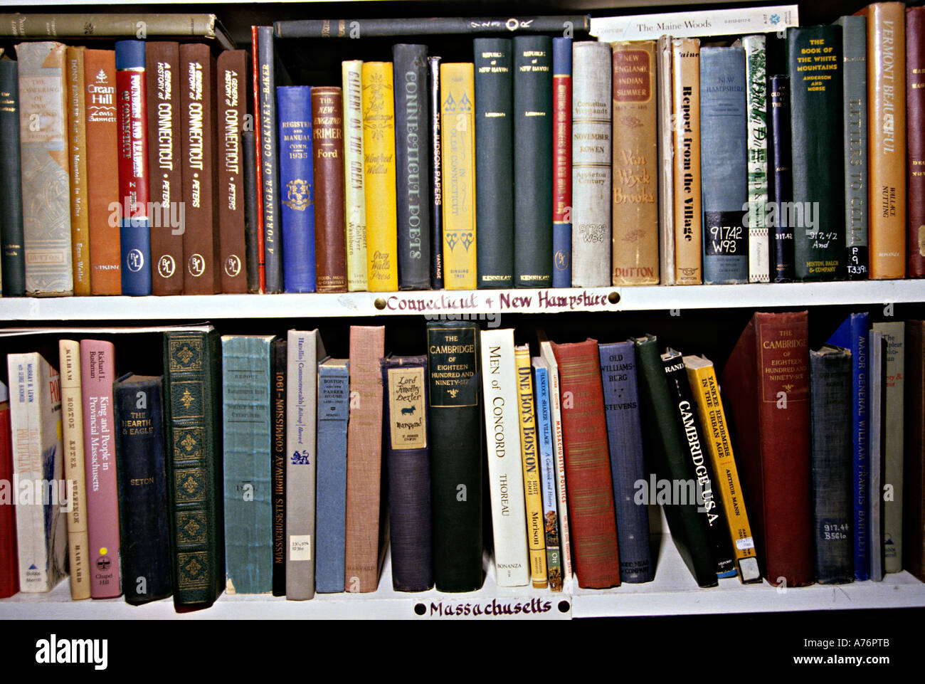 Books on America USA on bookshelves in a second hand Hay on