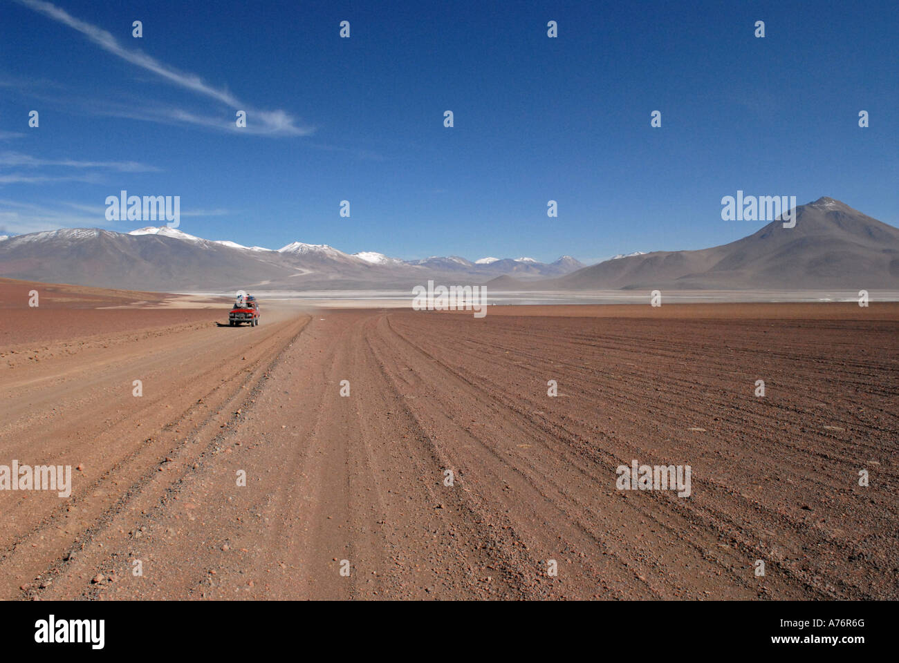 Jeep advancing on a rugged terrain Bolivia Park Eduardo Avaroa Stock Photo