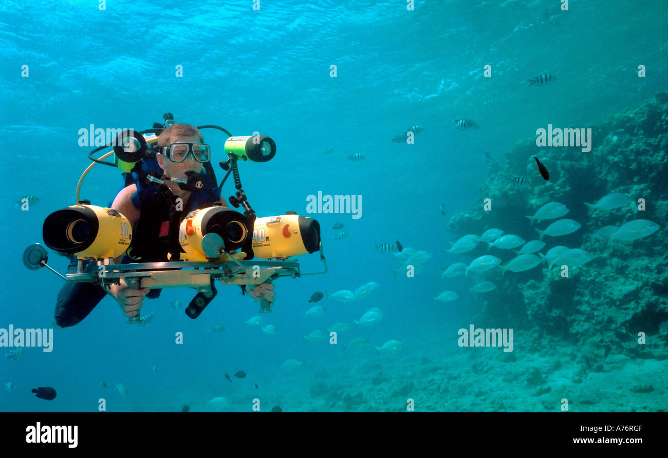 An underwater cameraman at work with a special three camera set up